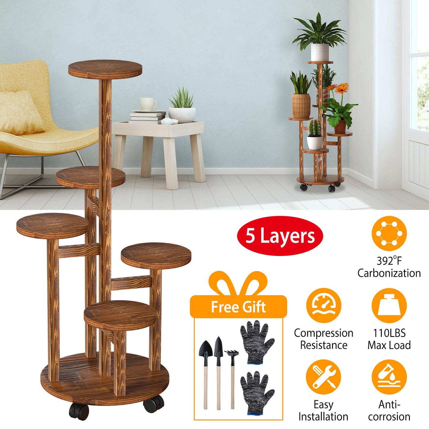 5 Layer Plant Stand With 4 Detachable Wheels - For Indoor And Outdoor