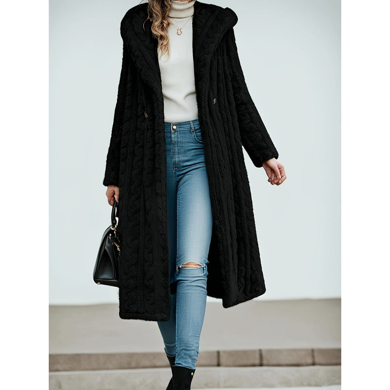 Women's Long Solid Color Long Sleeve Hooded Wool Coat