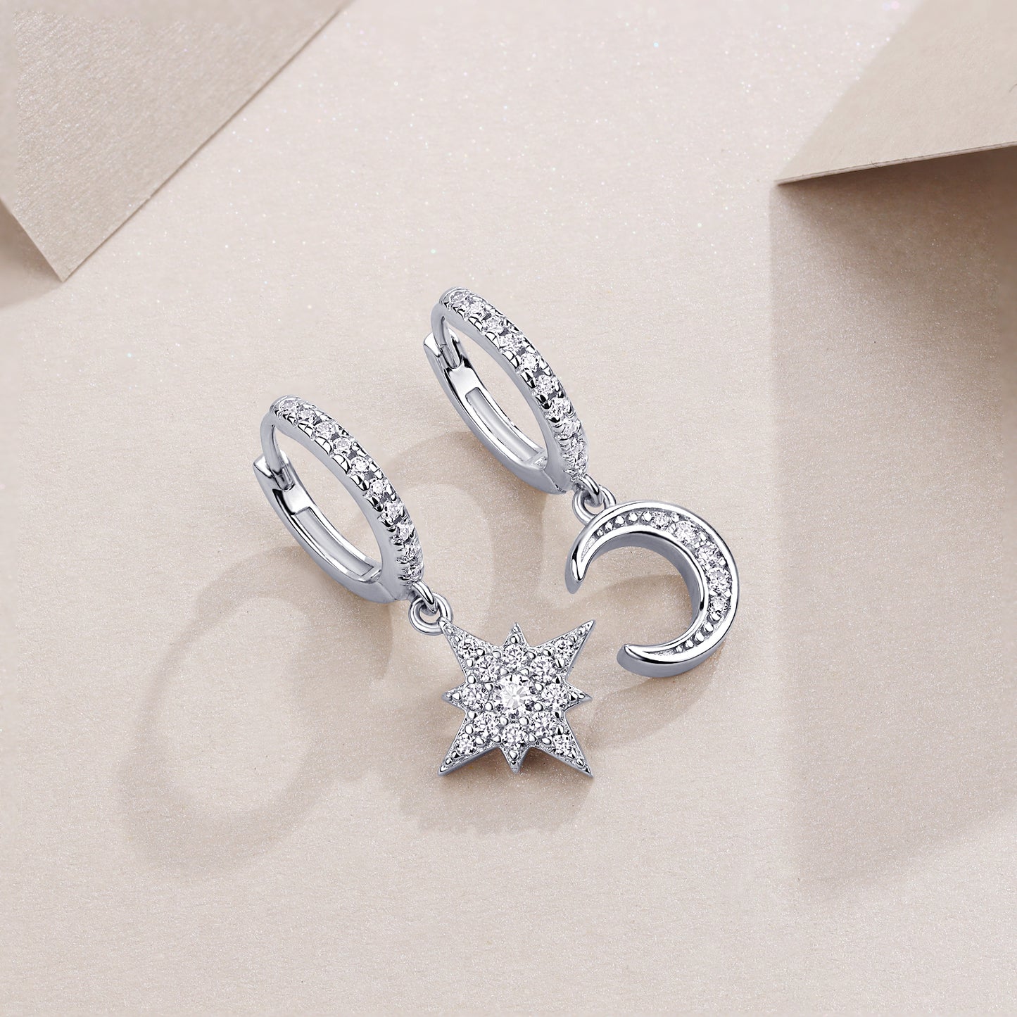 Star & Moon - Earrings & Stud Jewelry Set/Sterling Silver & Platinum-plated Diamonds