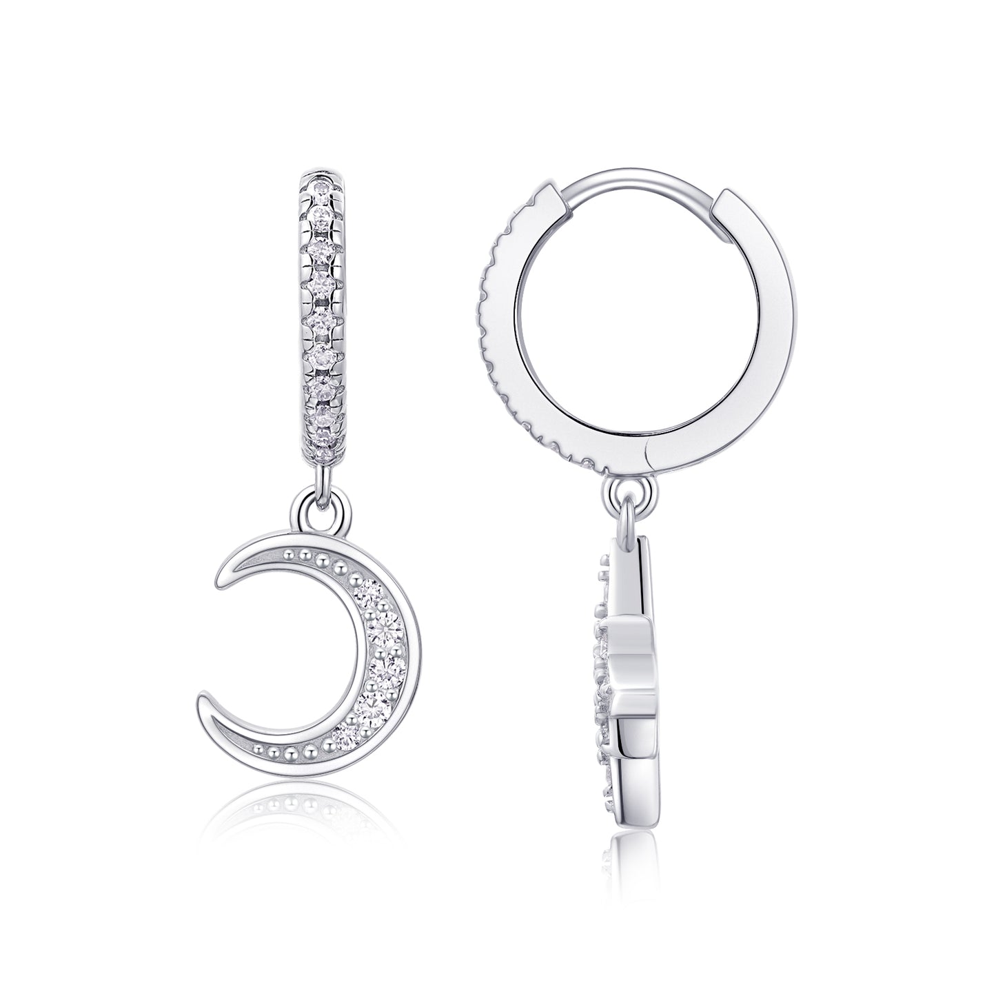 Star & Moon - Earrings & Stud Jewelry Set/Sterling Silver & Platinum-plated Diamonds