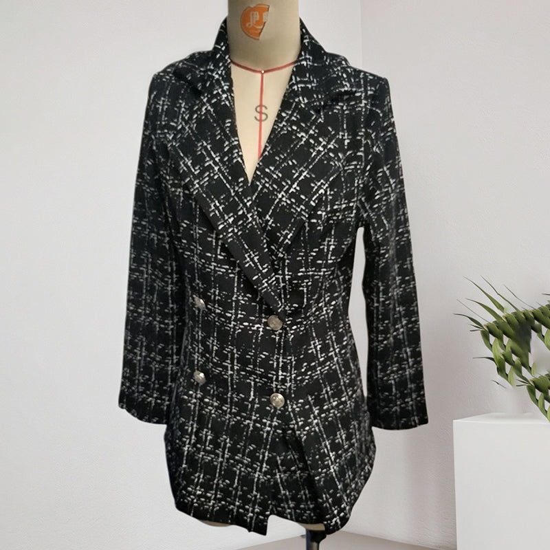 Elegant Women's Plaid Double-Breasted Blazer