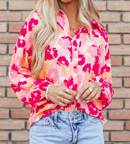 Floral Puff Sleeve Buttoned Shirt