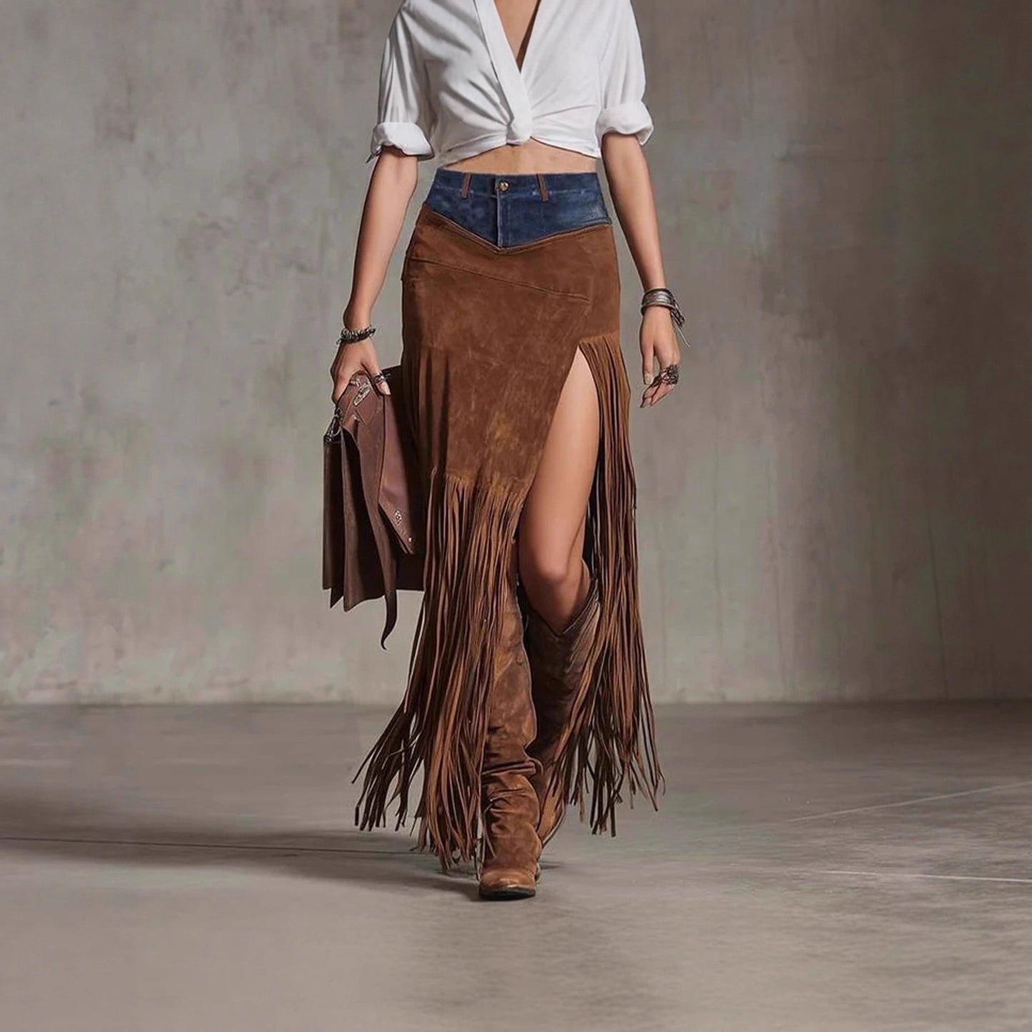 Asymmetrical Tassel Suede Skirt