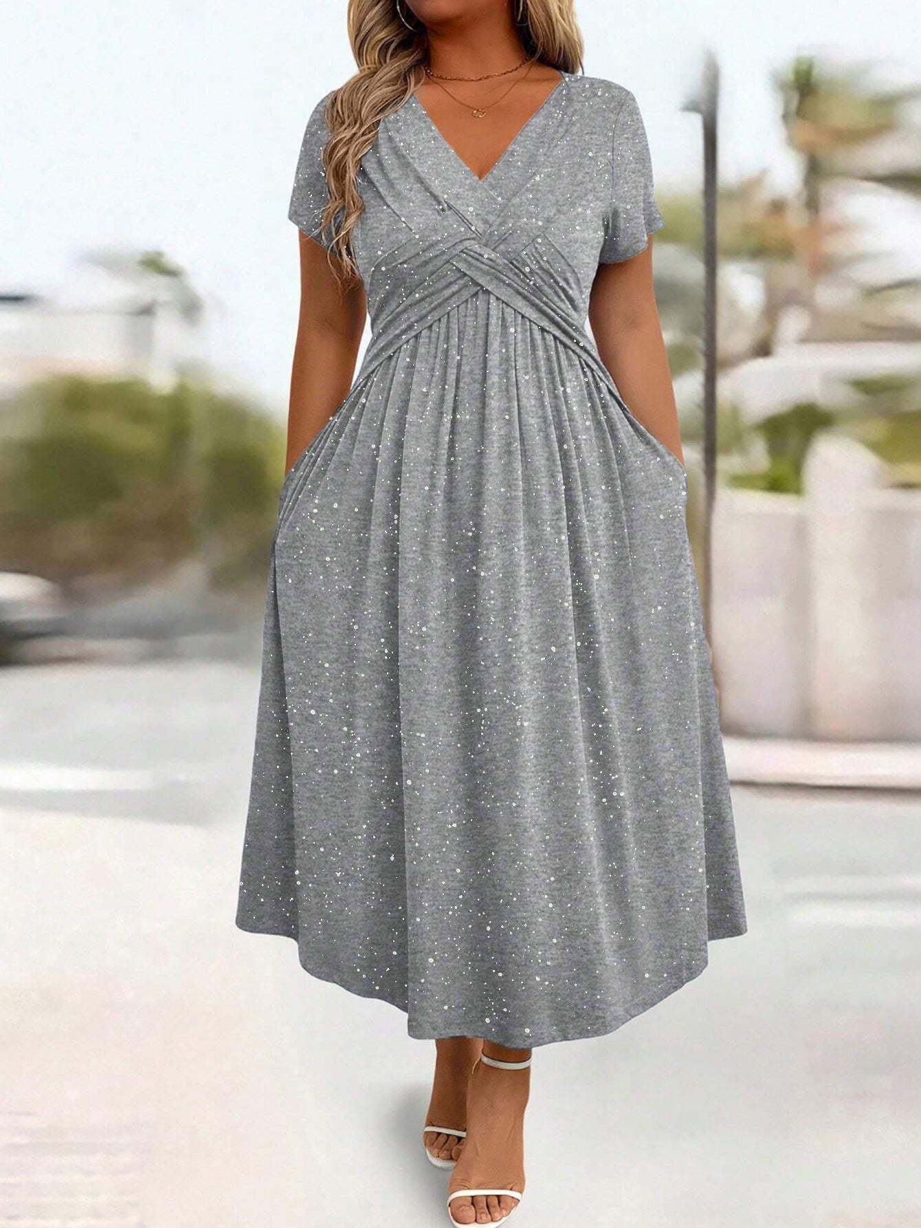 Women's Elegant Dress - Vneck Shimmering Powder Finish Twisted Ribbon