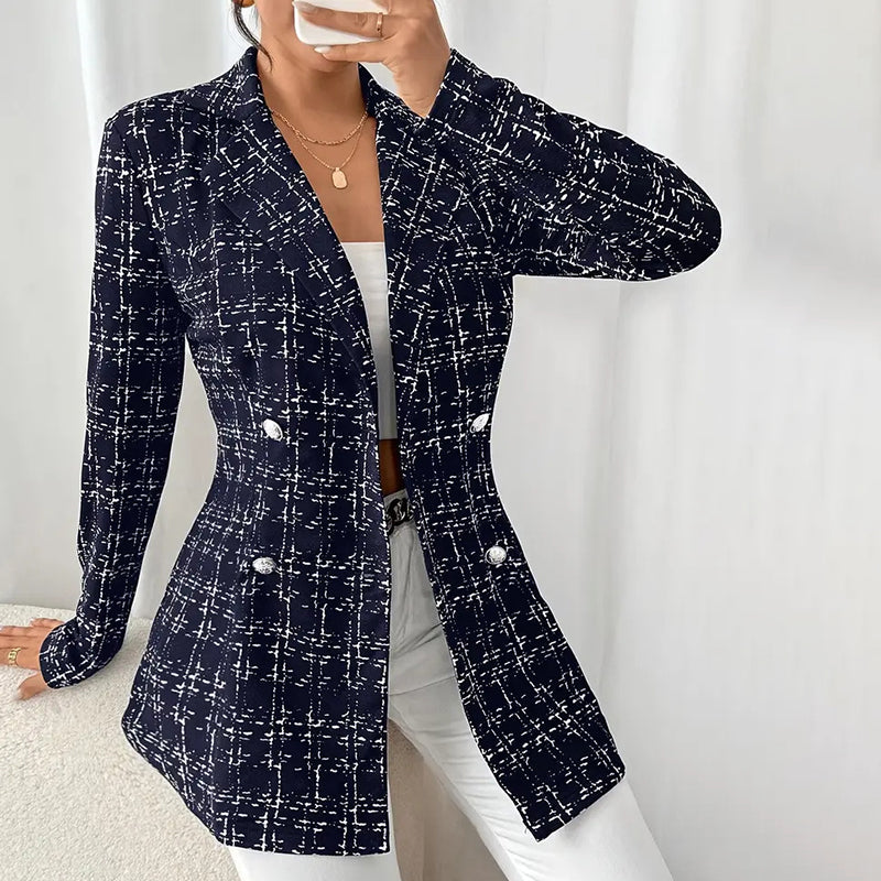 Elegant Women's Plaid Double-Breasted Blazer