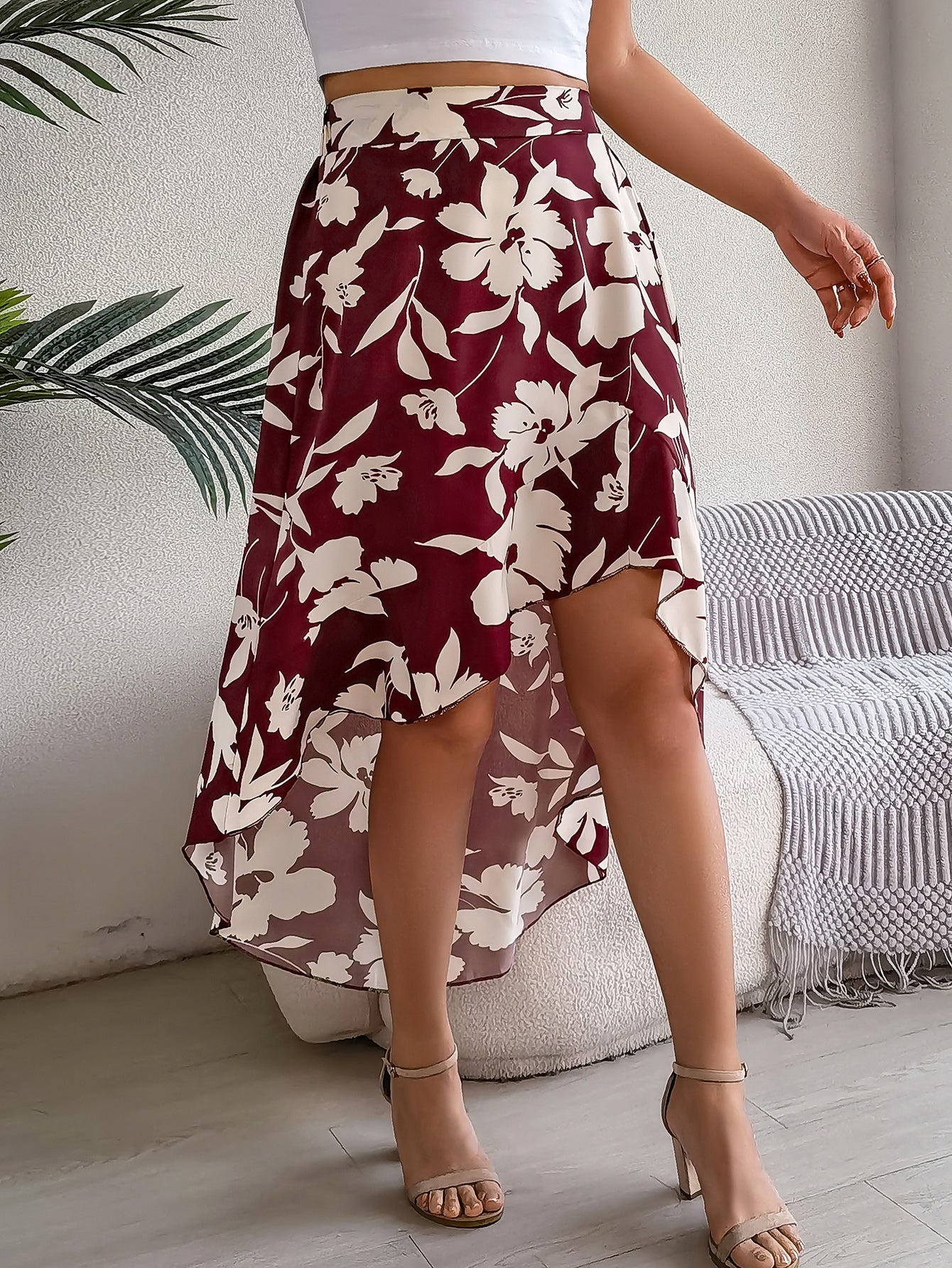 Elegant Floral Print Ruffle Hem Midi Asymmetric Skirt
