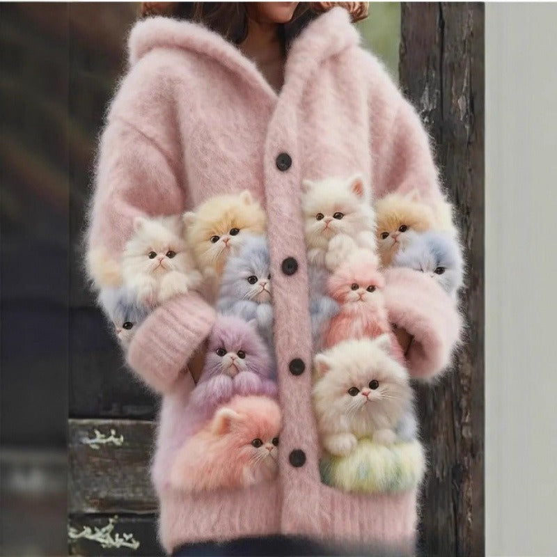 Cat Pattern 3D Printed Casual Hooded Cape Jacket