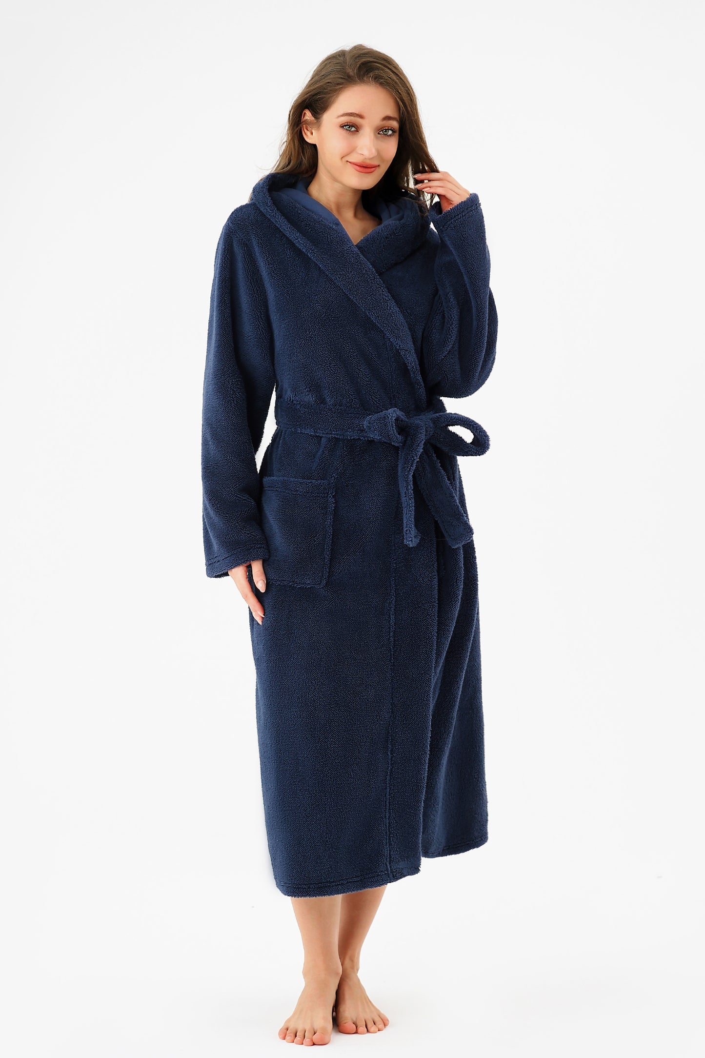 Women's Hooded Robe Long Plush Fleece Bathrobe