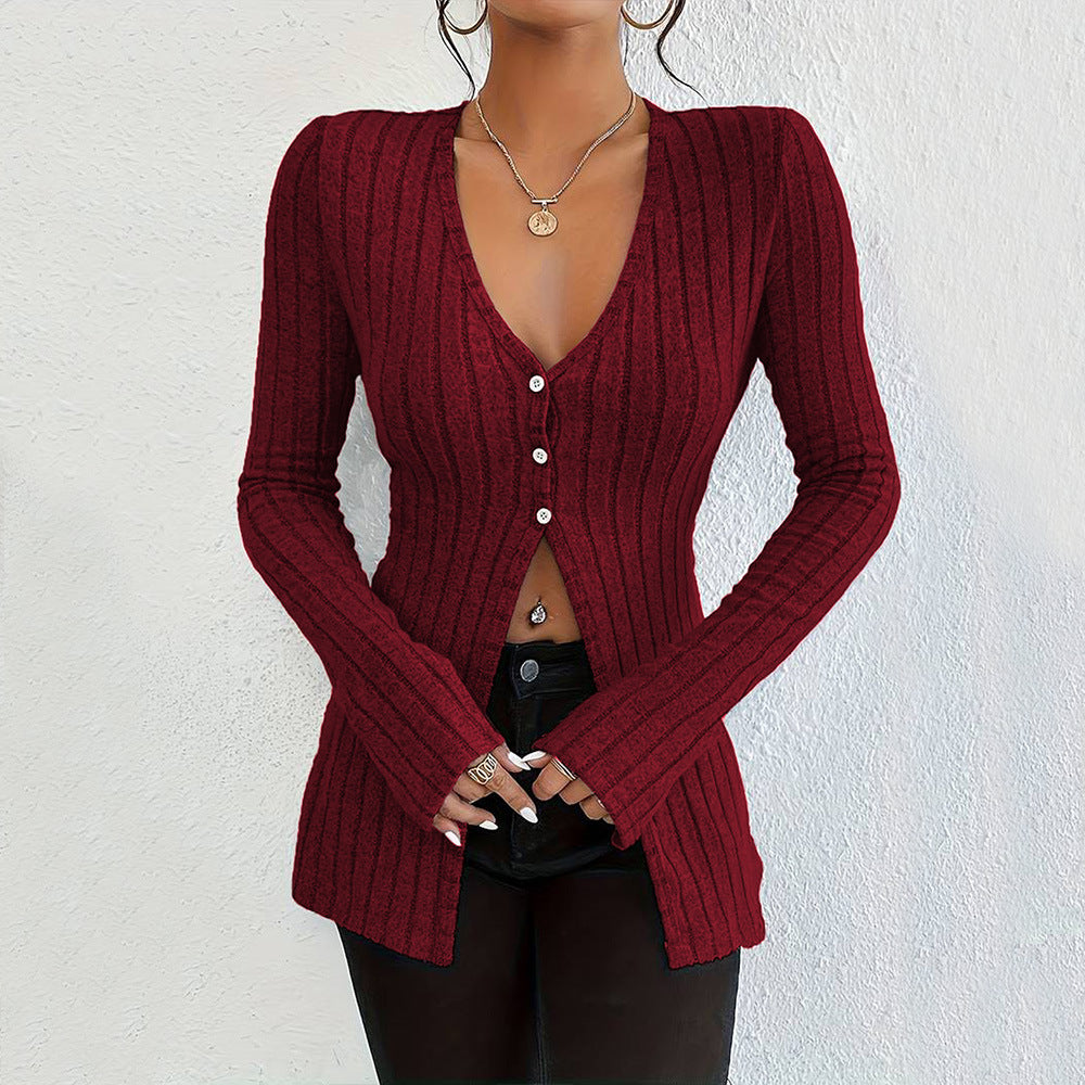 European & American - French Sexy Style V-neck T-shirt Long Sleeve Crop Top