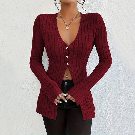 European & American - French Sexy Style V-neck T-shirt Long Sleeve Crop Top