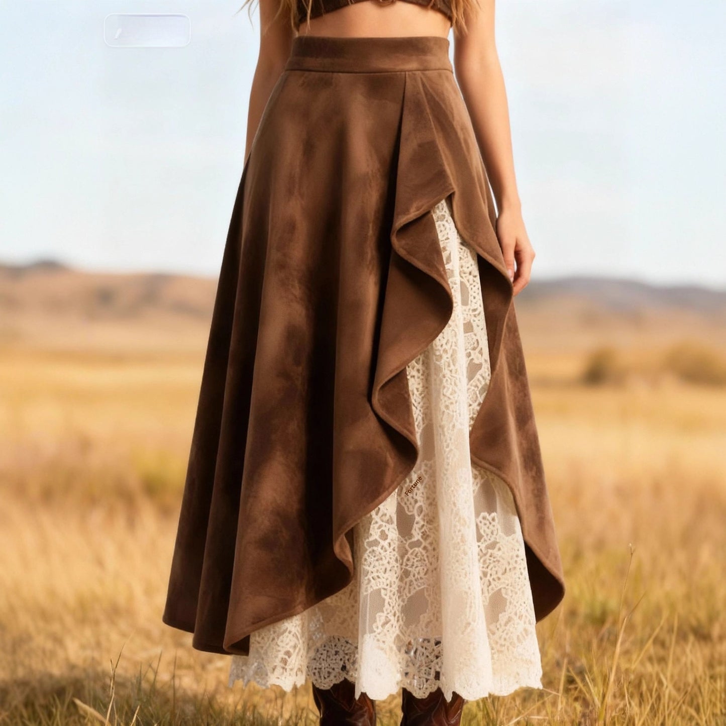 Retro Western-Style Suede & Lace Skirt