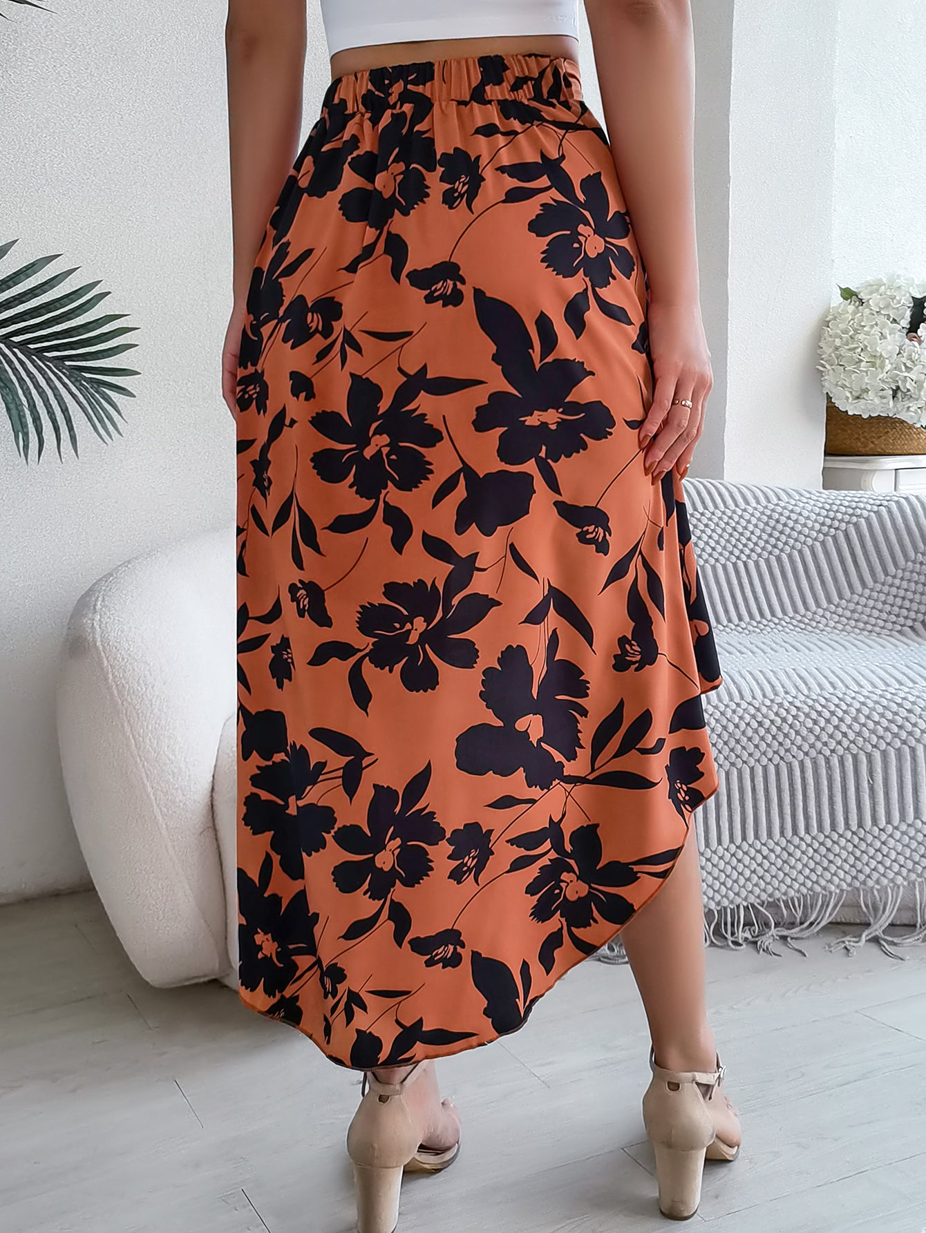 Elegant Floral Print Ruffle Hem Midi Asymmetric Skirt