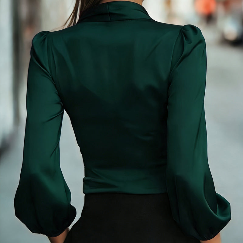 Women's Elegant Solid Color V-Neck Satin Long Sleeve Blouse