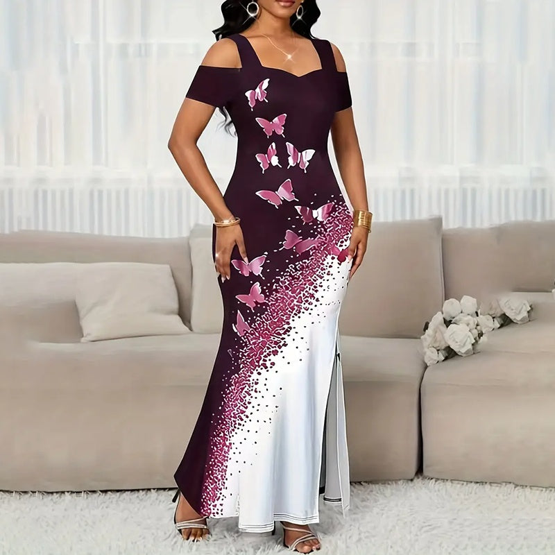 Women's Colored-Block Butterfly Print Maxi Dress