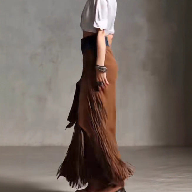 Asymmetrical Tassel Suede Skirt