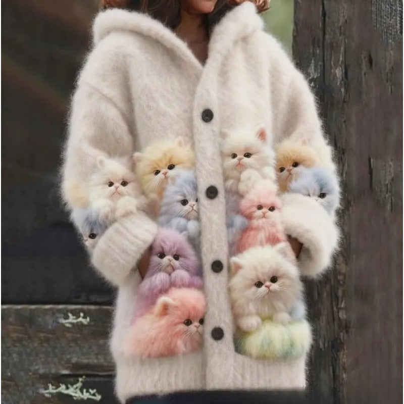 Cat Pattern 3D Printed Casual Hooded Cape Jacket