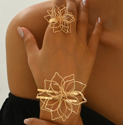 Jewelry Set, Elegant Geometric Lattice Flower Ring, Inlaid Lattice Line Flower Bracelet