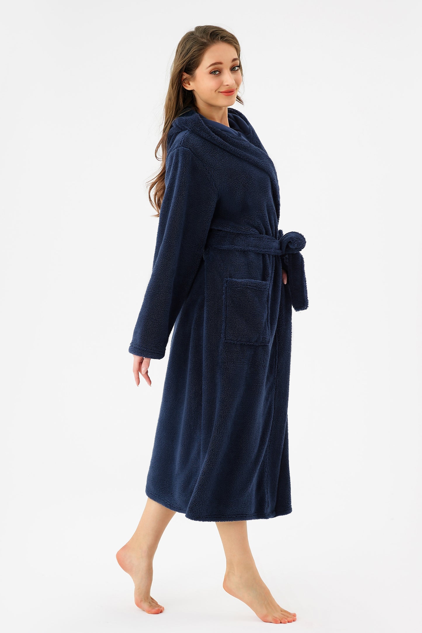 Women's Hooded Robe Long Plush Fleece Bathrobe