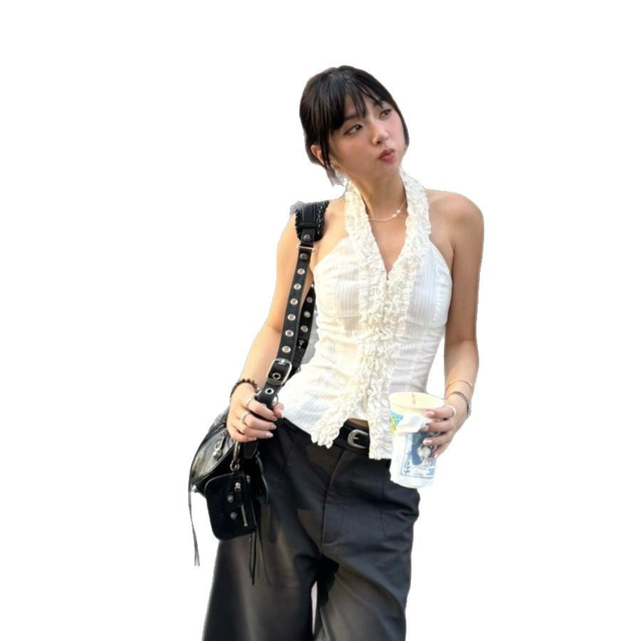 French-Style Pure & Sexy Ruffled Halter Sleeveless Camisole Cardigan