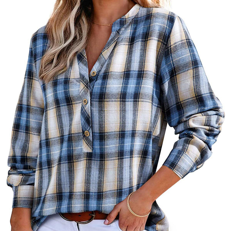 Women's Plaid V-Neck Blouse/Top
