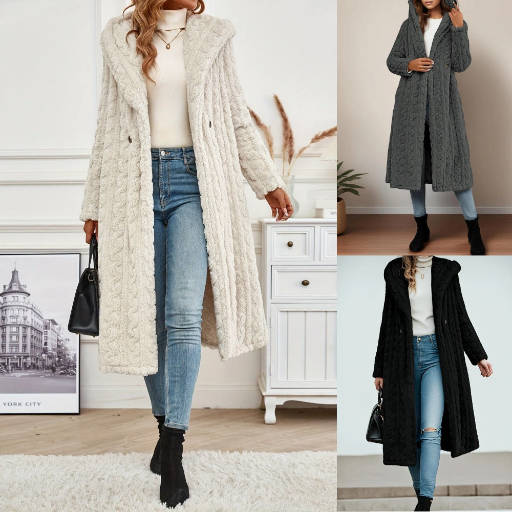 Women's Long Solid Color Long Sleeve Hooded Wool Coat