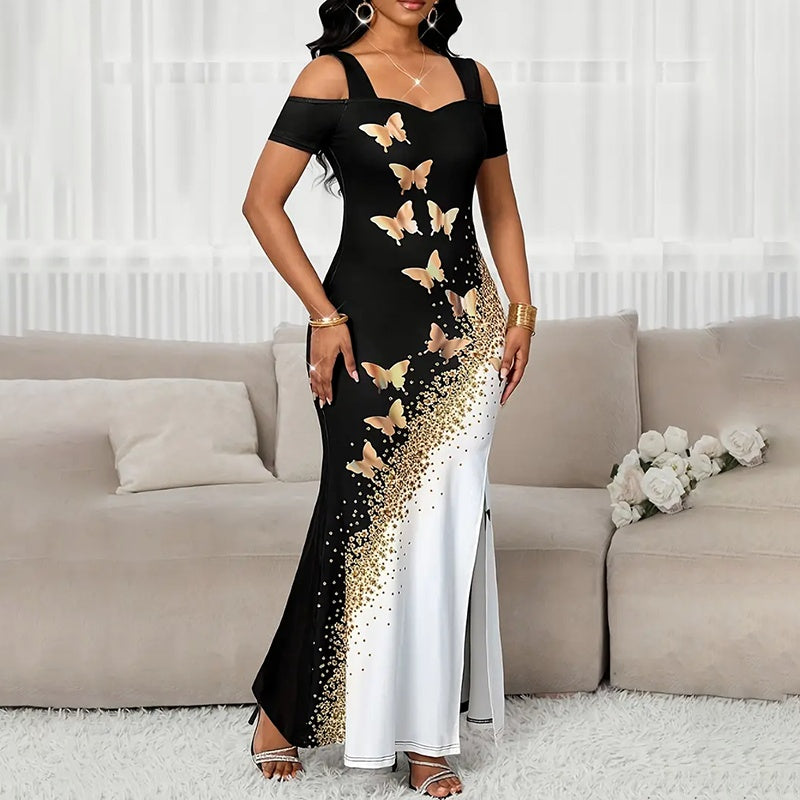 Women's Colored-Block Butterfly Print Maxi Dress