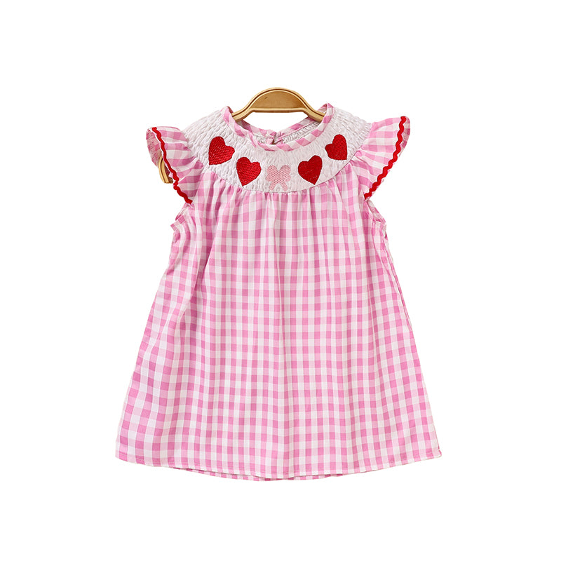 Baby Girls Dress Pink Plaid With Heart Embroidery