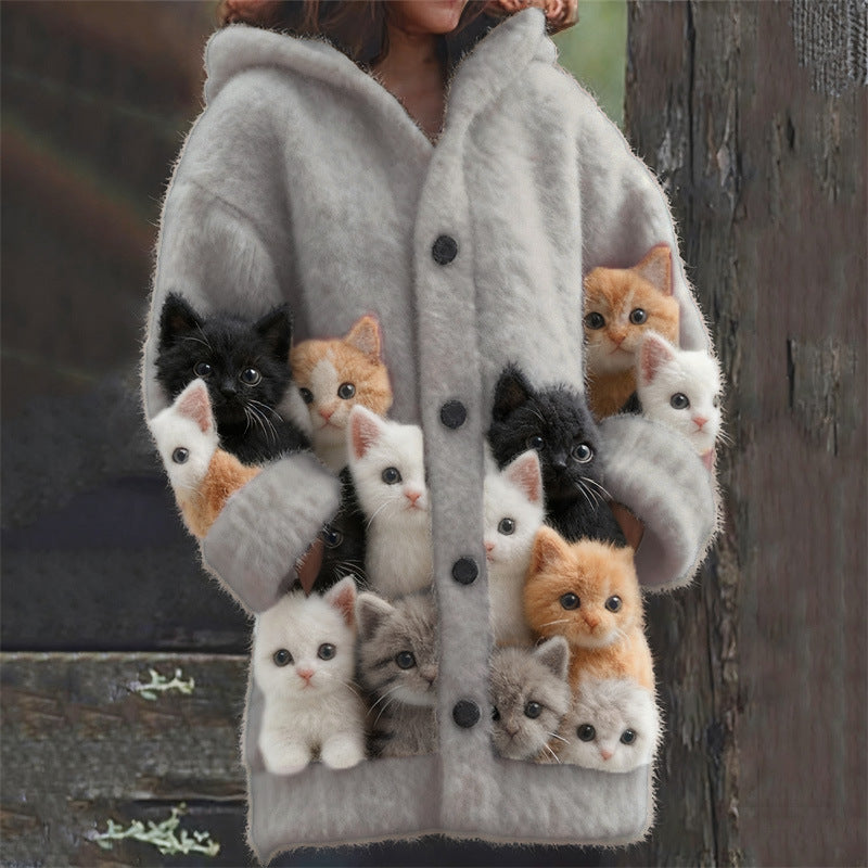 Cat Pattern 3D Printed Casual Hooded Cape Jacket