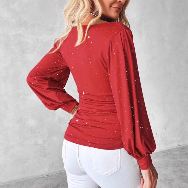 Women's Elegant Cowl Neck T-Shirt With Star Sequin & Ruffle Detail