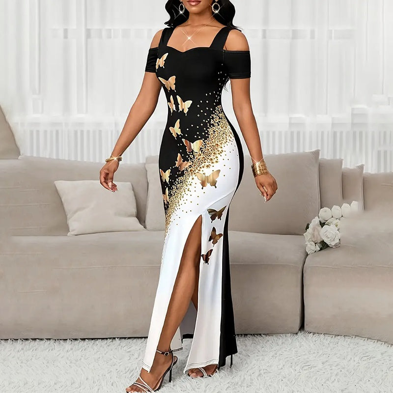 Women's Colored-Block Butterfly Print Maxi Dress