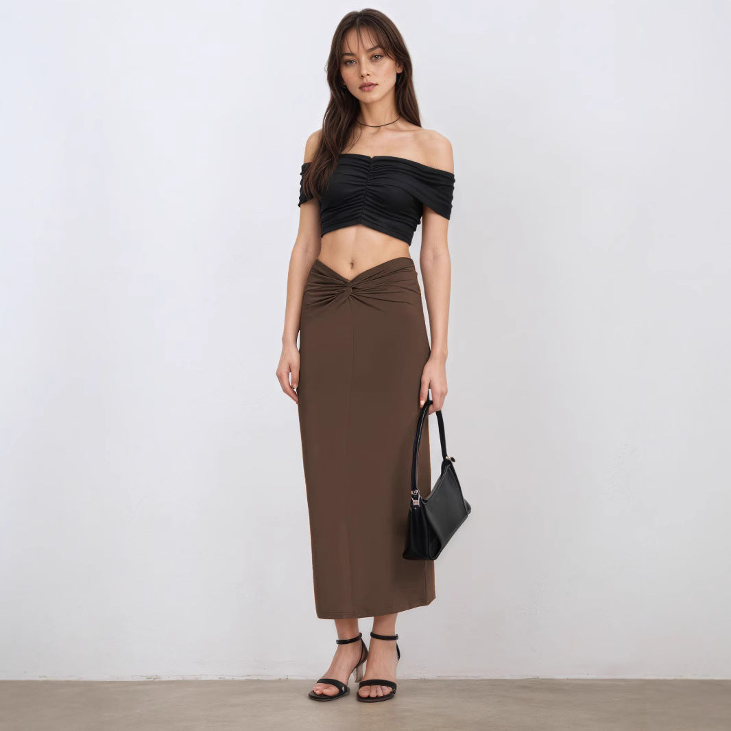 V-Neck Waist Tie Midi Skirt