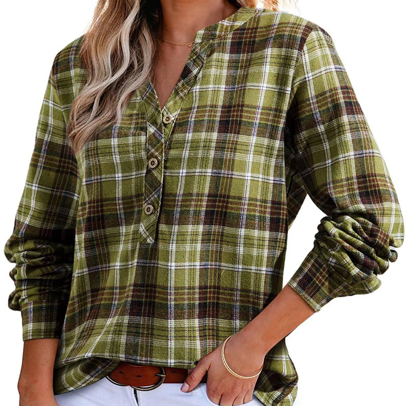 Women's Plaid V-Neck Blouse/Top
