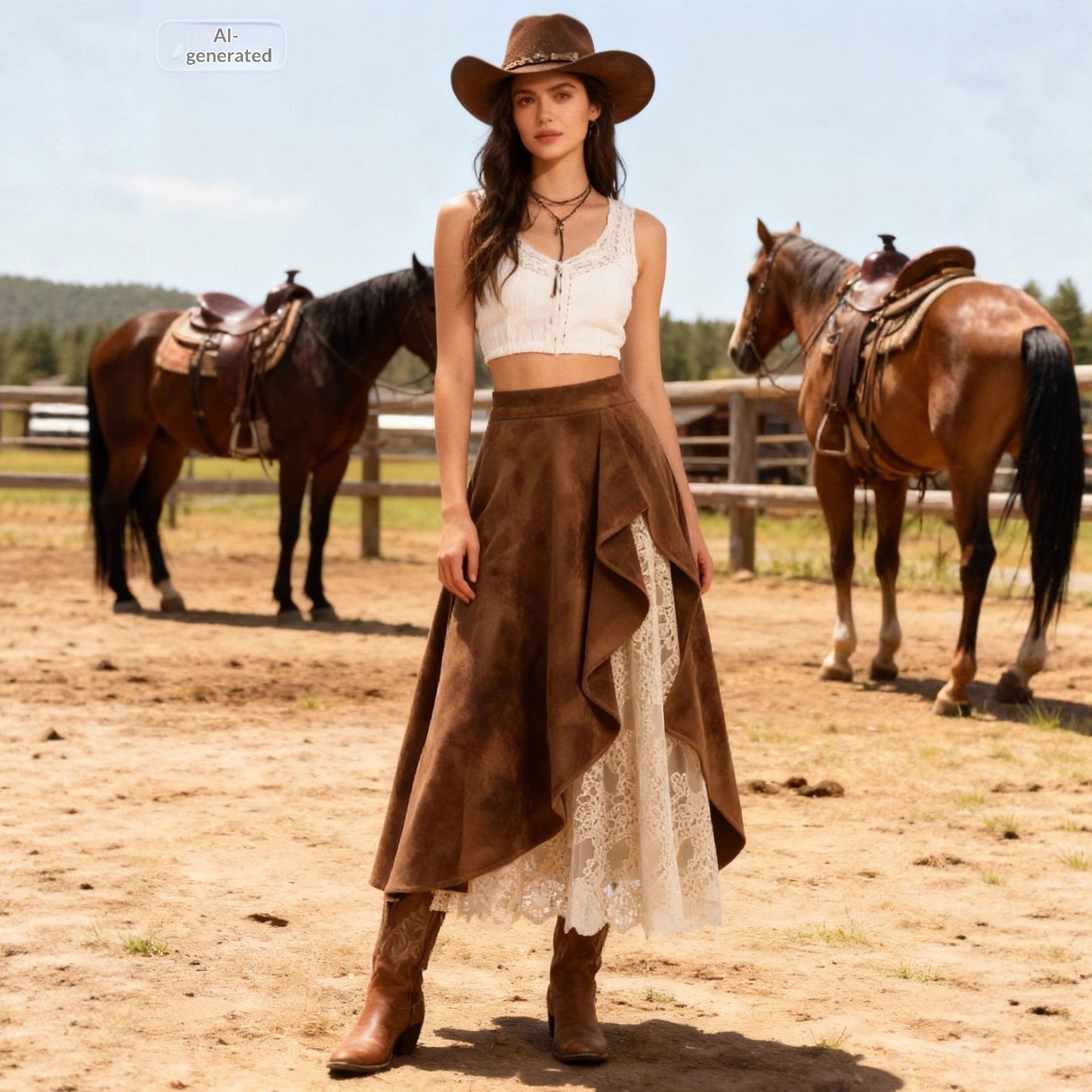 Retro Western-Style Suede & Lace Skirt