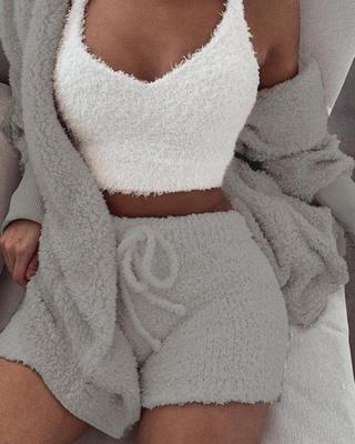 3pcs Womens Clothing Long Sleeve Crop Tank Top/Pajama Set