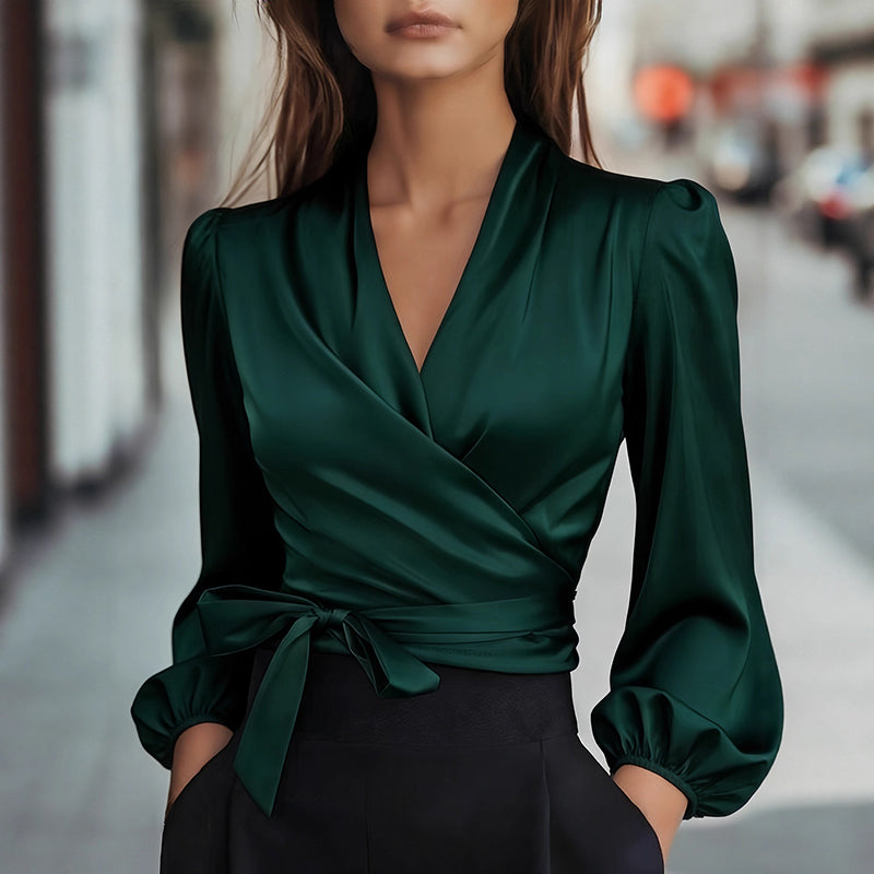 Women's Elegant Solid Color V-Neck Satin Long Sleeve Blouse