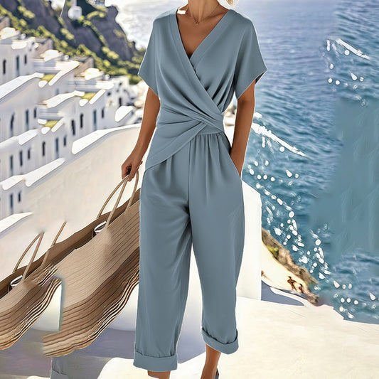 Women's 2-Piece Set Short Sleeve Cross V-Neck Top With Ruched Detail & Wide Leg Jumpsuit