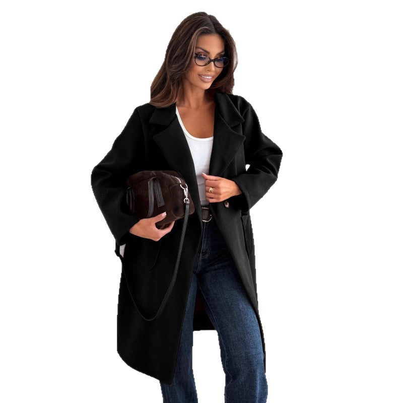Women's Simple Solid Color Long Sleeve Single-breasted Wool Coat