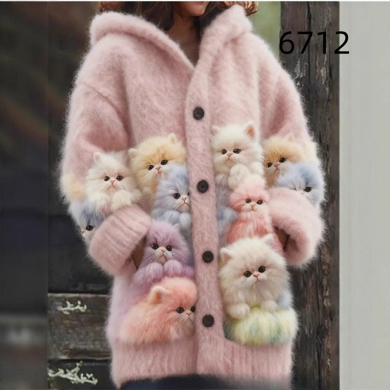 Cat Pattern 3D Printed Casual Hooded Cape Jacket