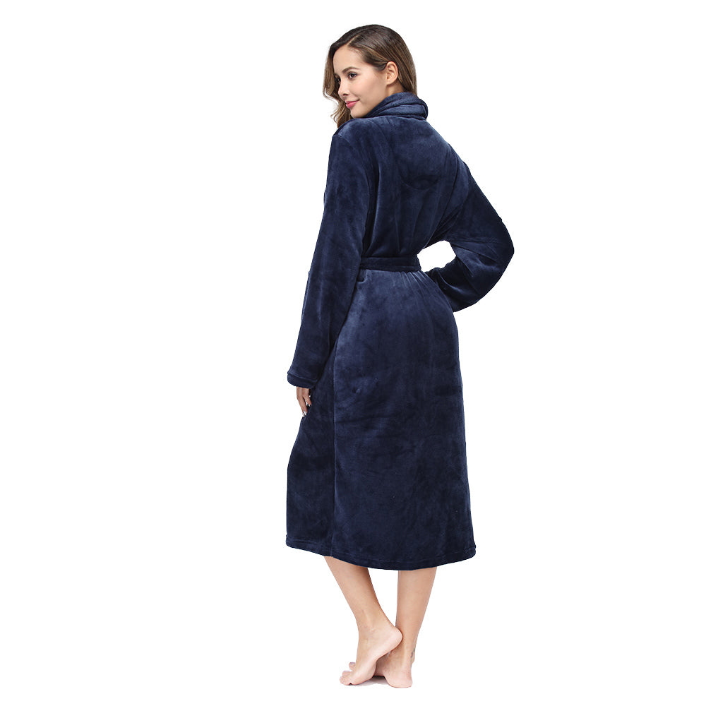 Solid Color Collar Robe For Women In Navy Blue