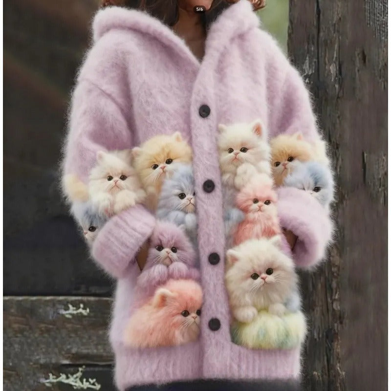 Cat Pattern 3D Printed Casual Hooded Cape Jacket
