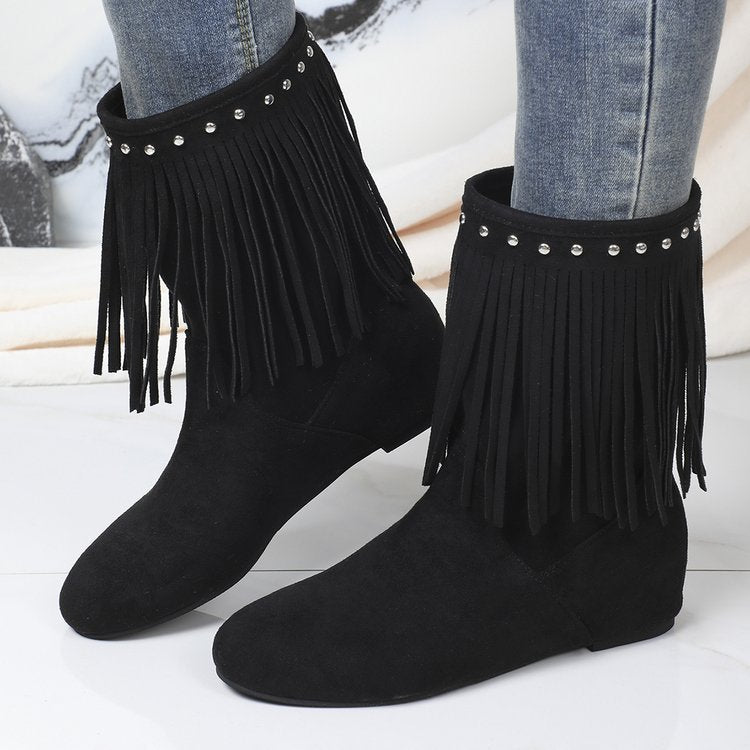 Plus Size Studded Suede Tassel Boots