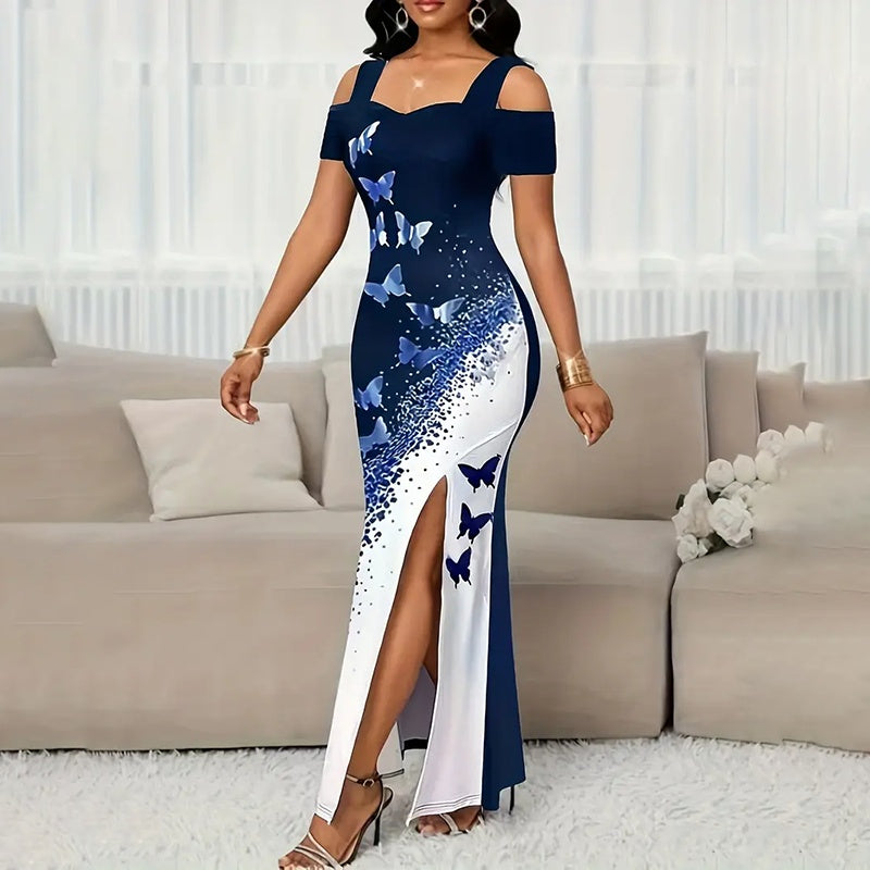 Women's Colored-Block Butterfly Print Maxi Dress
