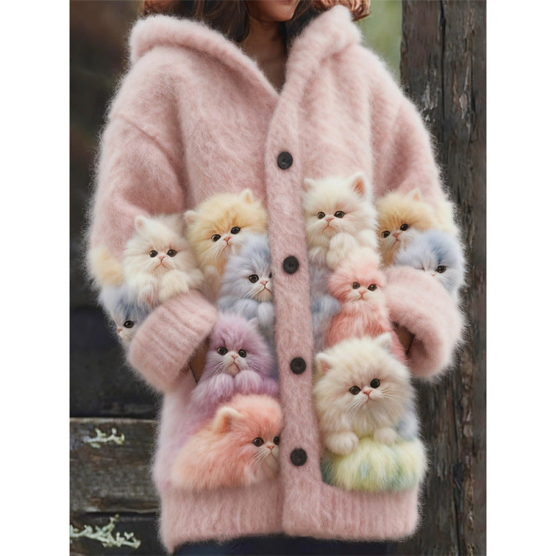 Cat Pattern 3D Printed Casual Hooded Cape Jacket