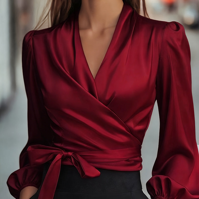 Women's Elegant Solid Color V-Neck Satin Long Sleeve Blouse