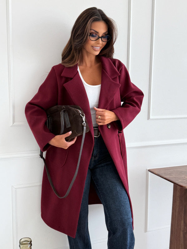 Women's Simple Solid Color Long Sleeve Single-breasted Wool Coat