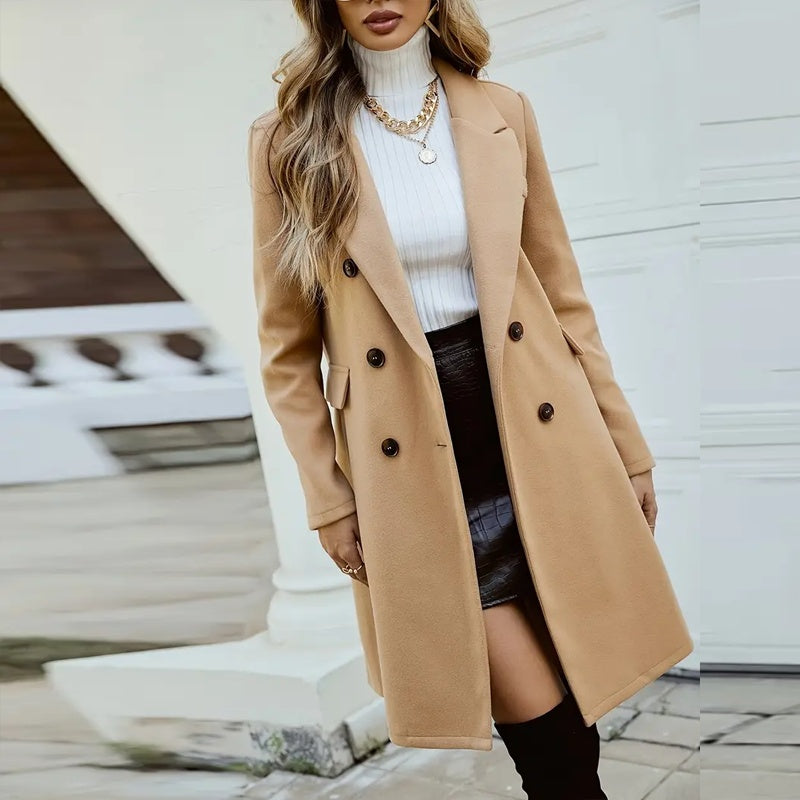 Women's Solid Lapel Long Sleeve Mid-Length Overcoat With Pockets