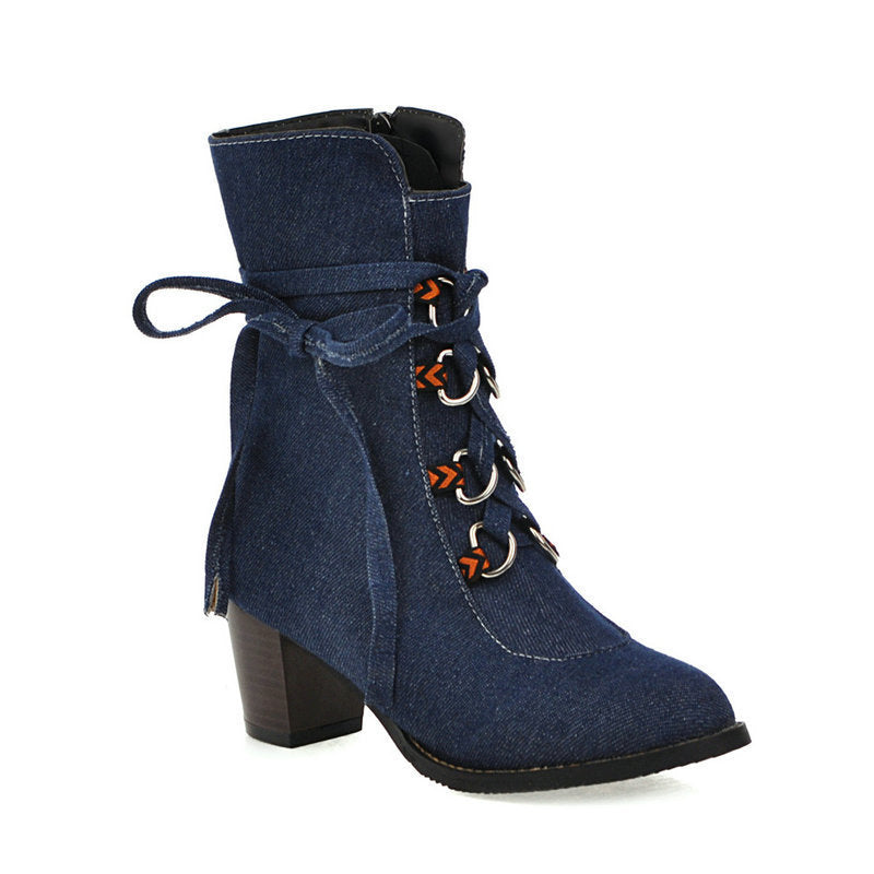 Korean Style Denim Winter Boots Lace-Up Design
