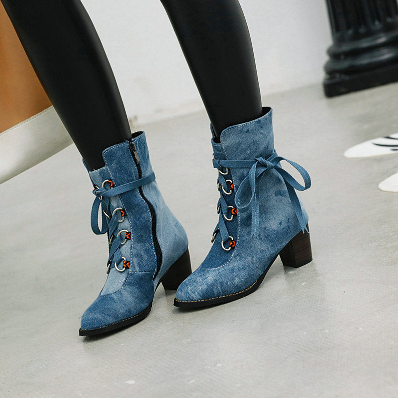 Korean Style Denim Winter Boots Lace-Up Design