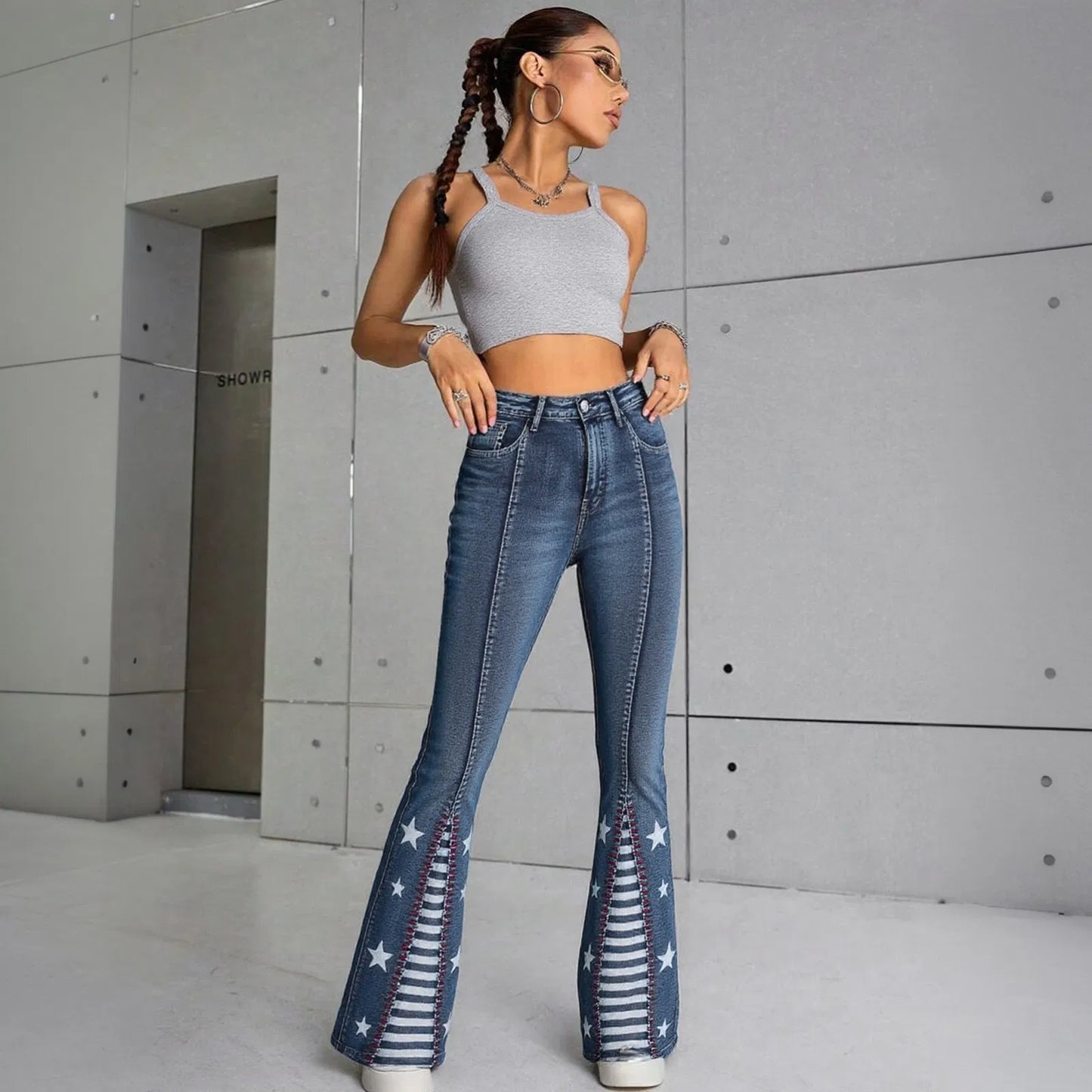 Women's High Waisted Star Patchwork Flare Bell Bottom Denim Pants