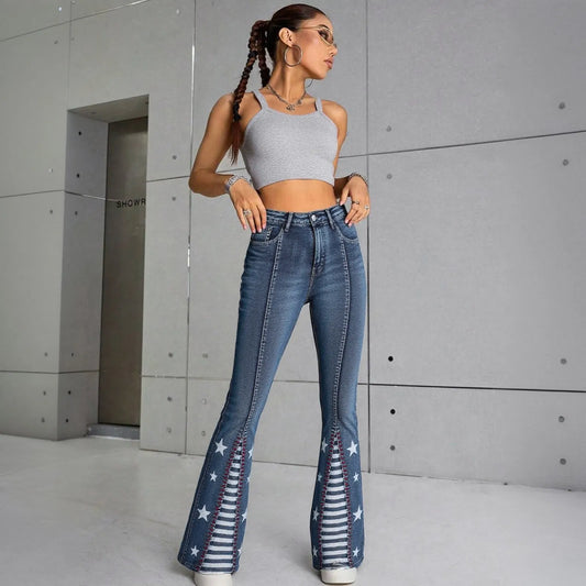 Women's High Waisted Star Patchwork Flare Bell Bottom Denim Pants